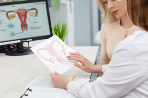 Bild zeigt eine Frau bei einer Gynäkologin mit einem Schaubild des Uterus