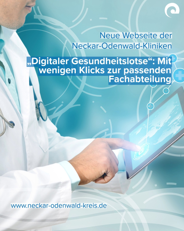 Neue Webseite der Neckar-Odenwald-Kliniken Symbolbild von Arzt mit Tablet und Text Hinweis