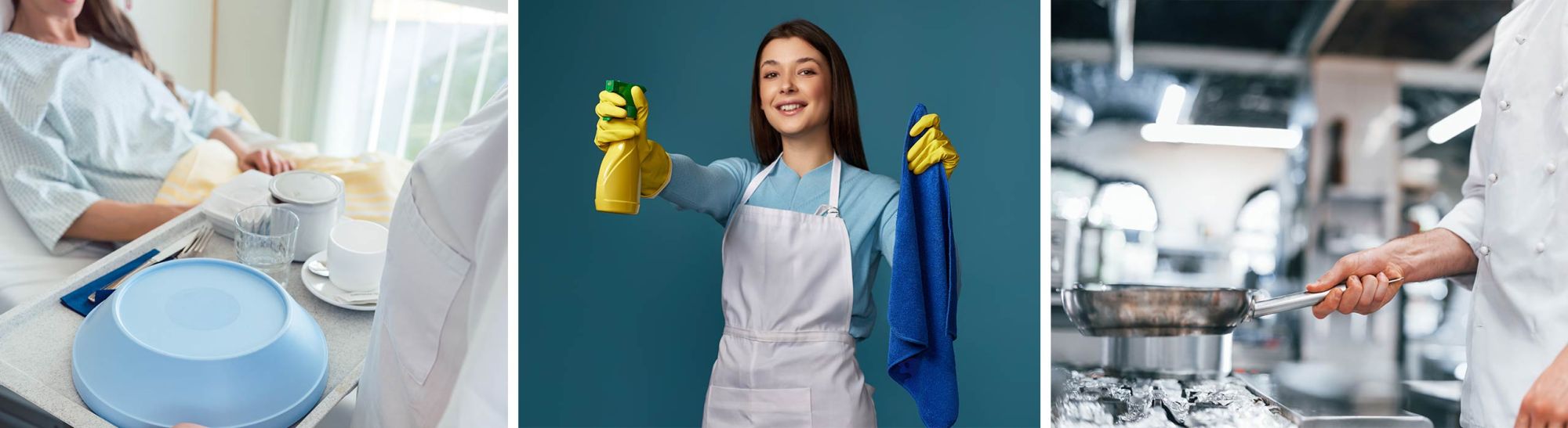 Dekobilder: Essenstablett im Krankenhaus, Putzfrau, Koch